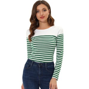 INSPIRE CHIC Women's Color Block Round Neck Long Sleeves Striped Basic T-Shirt - 1 of 4