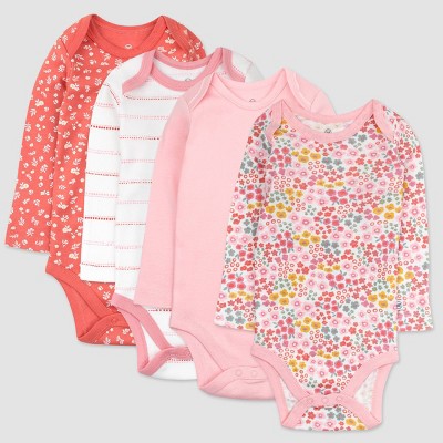Honest Baby Girls' 4pk Organic Cotton Meadow Floral Long Sleeve Bodysuit - Pink/White 0-3M