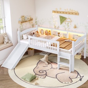 KTMBDW Low Loft Bed Twin/Twin XL Size with Storage Shelves and LED Lights, Wood Kids Loft Bed with 14" H Safety Guardrail,Inclined Ladder - 1 of 4