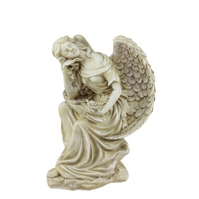 Northlight 12" Weathered Daydreaming Angel with Rose Outdoor Patio Garden Statue - Almond Brown