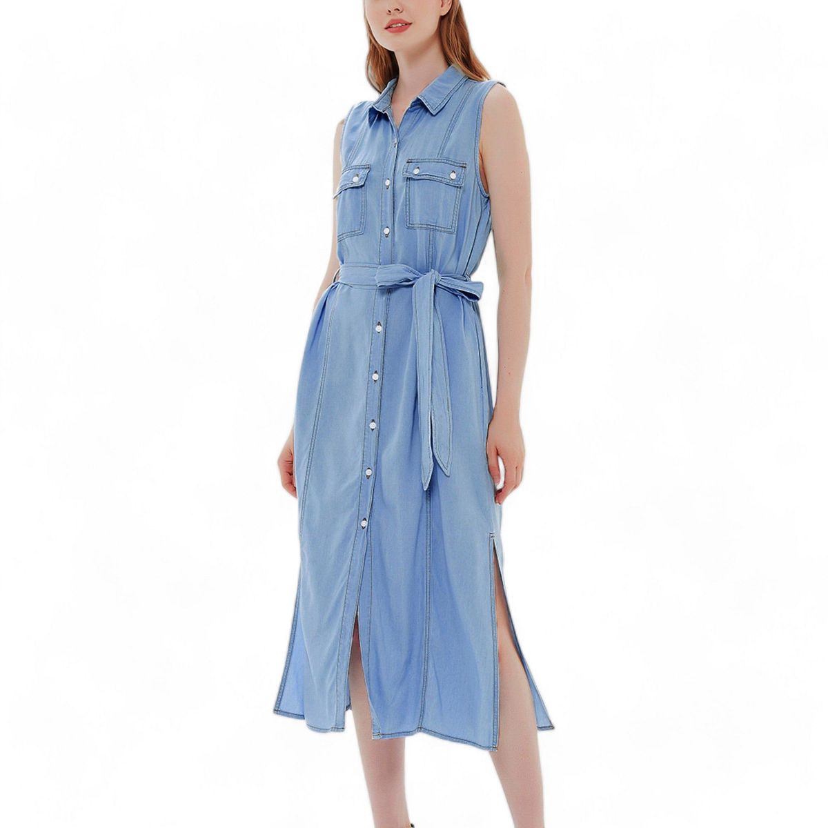 Anna-Kaci Women's Jean Shirt Dress Tied Waist Turn Down Collar Pocket Denim Dress