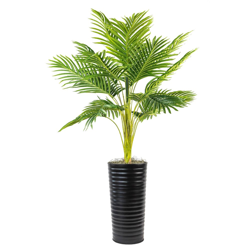 Photos - Garden & Outdoor Decoration 46" Artificial Ribbed Metal Palm Planter in Black and White - LCG Florals: Indoor Faux Palm, No Assembly Required