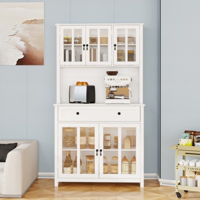 TIRAMISUBEST 71" Farmhouse Pantry Cabinet - Freestanding Kitchen Storage with Microwave Space, 5 Glass Doors & Large Drawer, White