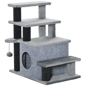 Skyzone 3/4 Step Adjustable Cat Stairs with Condo, Scratching Post & Toy Ball for Bed/Sofa - Gray, - 1 of 4