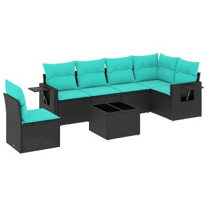 vidaXL 7 Piece Garden Sofa Set with Cushions Black Poly Rattan - Black and Blue With Table - 1 of 4