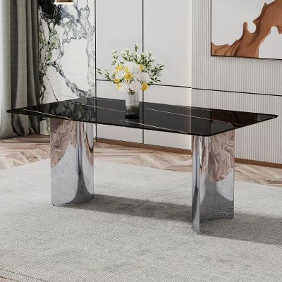 CENGHU Modern Minimalist Rectangular Dining Table with Black or White Patterned Glass Desktop and Golden Metal Legs,  71" *39.3" *29.5"  Kitchen Table