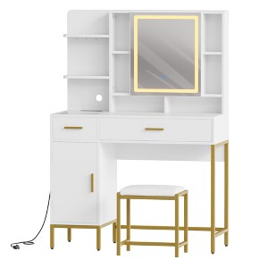 Makeup Vanity Desk, Adult Dressing Table, Vanity Desk with Lights in 3 Colors, Charging Station, Drawers, for Bathroom, Bedroom, White - 1 of 4