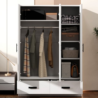 JUJABU 3 Door Wardrobe Closet with Storage Drawers, Adjustable Shelves and Hanging Rod,White