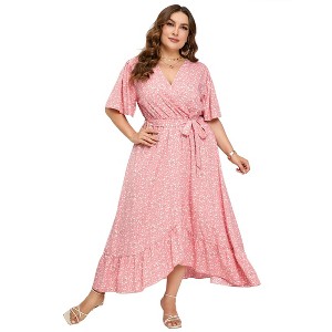 Plus Size dress Women's Plus Size Floral Summer Dress Casual Wrap V Neck A Line Ruffle Belted Dress - 1 of 4