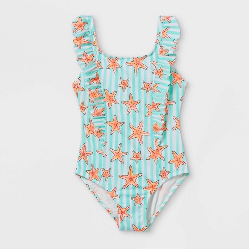 Girls Starfish Striped Ruffle One Piece Swimsuit Cat Jack Aqua M Target