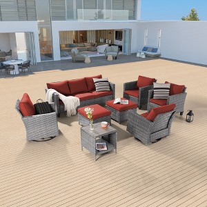 Sonkuki 8-Piece Patio Conversation Set with Swivel Rocking Chair and Side Table, Navy Blue Cushion - 1 of 4