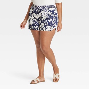Women's High-Rise Satin Pull-On Shorts - A New Day™ Navy Blue Floral - 1 of 3