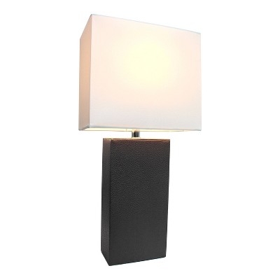 Modern Black Leather Rectangular Table Lamp with White Fabric Shade