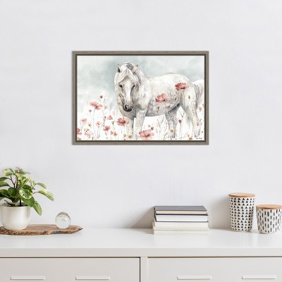 White Horse and Pink Flowers Canvas Wall Art