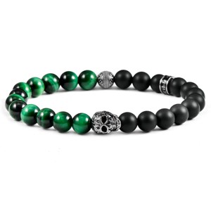 Crucible Men's Skull with Green Tiger Eye and Matte Onyx Stone Beads Stretch Bracelet (8mm) - 1 of 4