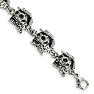 Black Bow Jewelry Men's Stainless Steel Antiqued Pirate Skull 8.5 Inch Bracelet - 1 of 4
