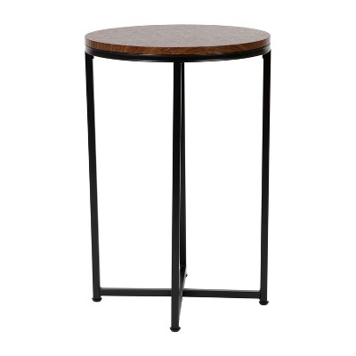 Round Walnut and Matte Black Wood Metal End Table