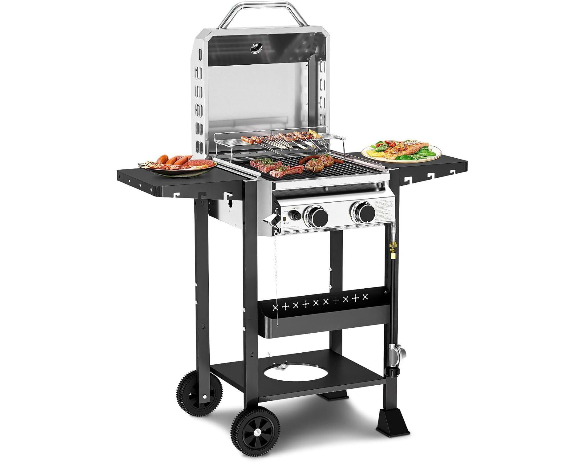 R.W.FLAME 2-Burner Propane Gas Grill, 16,000 BTU Stainless Steel BBQ with Folding Side Tables – Portable Outdoor Grill for Patio, Backyard & Camping