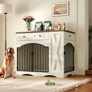 Zeus & Ruta 43.3" Wooden Farmhouse Dog Crate with 3 Drawers & Removable Feeder - for Medium/Large Dogs - 1 of 4