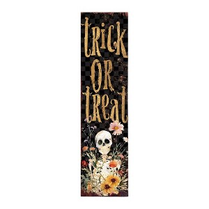 HomeRoots 36" Black And Gold Solid Wood Trick or Treat Halloween Skeleton Porch Sign - 1 of 4
