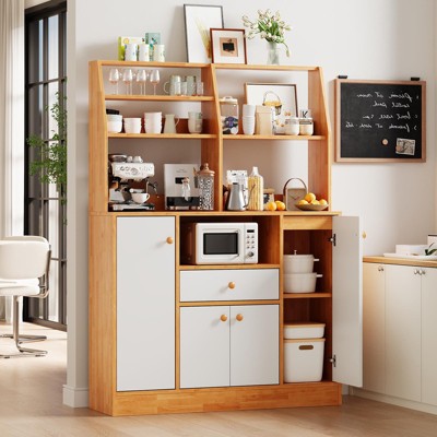 Sideboard Buffet Cabinet, Wood Cupboard with Storage, Freestanding Kitchen Pantry with Drawers, Adjustable Shelves & Rack, Coffee Bar Station