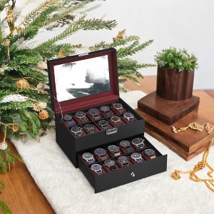 Synthetic Leather 20 - Slot Watch Box with Glass Lid. 2 - Layer, Lockable Watch Display Case - 1 of 4