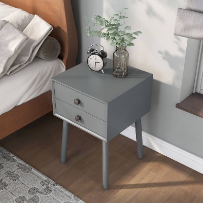 Gray Mid-Century Modern 2-Drawer Rubberwood Nightstand