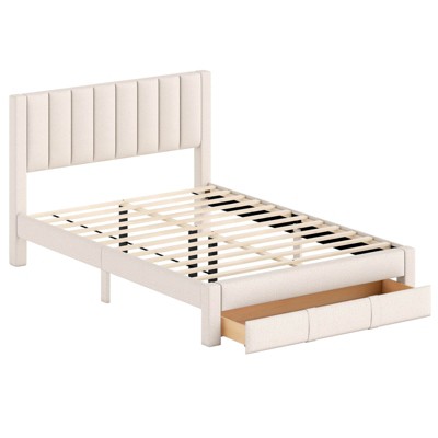 Safstar Queen Size Bed Frame w/Storage Drawer & Vertical Channel Headboard,Beige