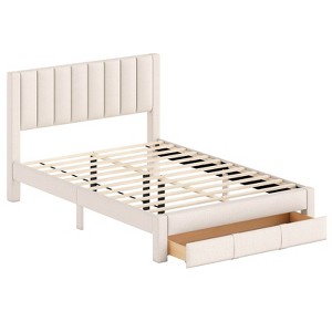 Safstar Queen Size Bed Frame w/Storage Drawer & Vertical Channel Headboard,Beige - 1 of 4