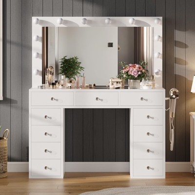 Vanity Desk with Mirror, LED Lights and Power Outlet Makeup Vanity Table with 11 Drawers Dressing Table for Bedroom Dressing Room
