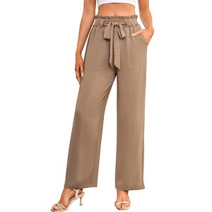 Women's High Waist Wide Leg Pants Belt Elastic Waist Pants Straight Leg Trousers with Pockets - 1 of 4