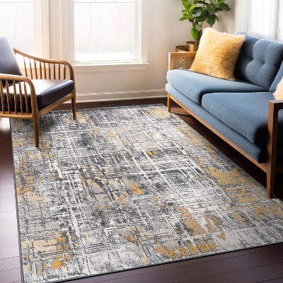 Yellow and Gray Abstract 5' x 7' Stain-Resistant Synthetic Area Rug