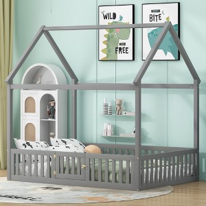 NicBex Full Size Platform Bed 78.1" L Modern House-Shaped Pine Bed Frame with Roof and Guardrail with Door for Bedroom, No Box Spring Required - 1 of 4