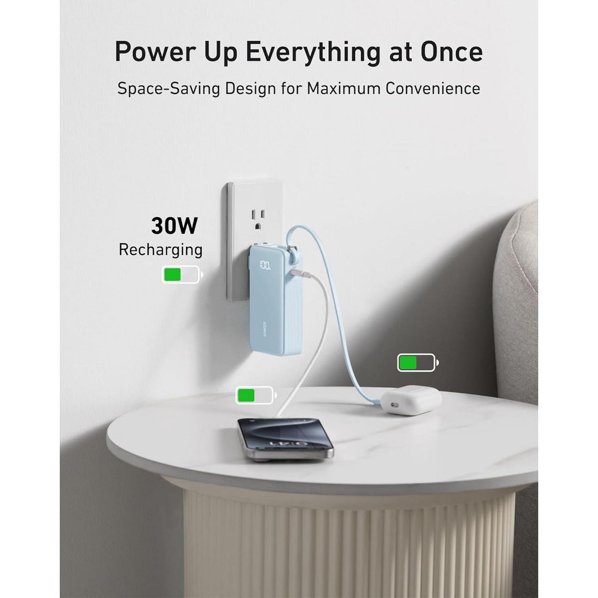 Anker Nano 3-in-1 Portable iPhone Charger, 10,000mAh Power Bank with Built-in USB-C Cable and Foldable Wall Plug, 30W Max Battery Pack - thumbnail 5