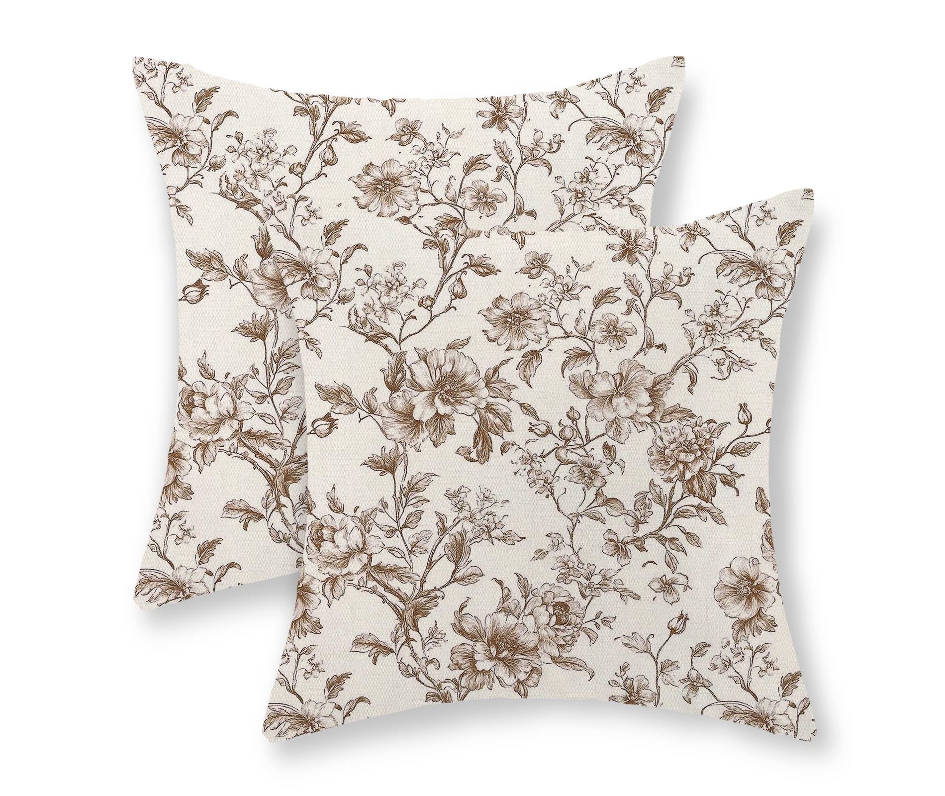Brown Pillow Covers 18x18 Set of 2 Brown and Cream Floral Chinoiserie Throw Pillows Vintage