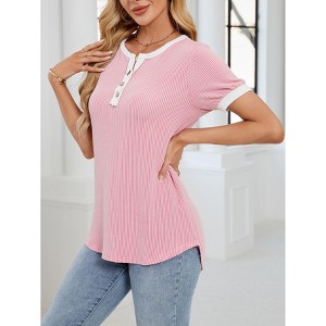 Women's Contrast Trim Henley Neck Short Sleeve Ribbed Tee - 1 of 4