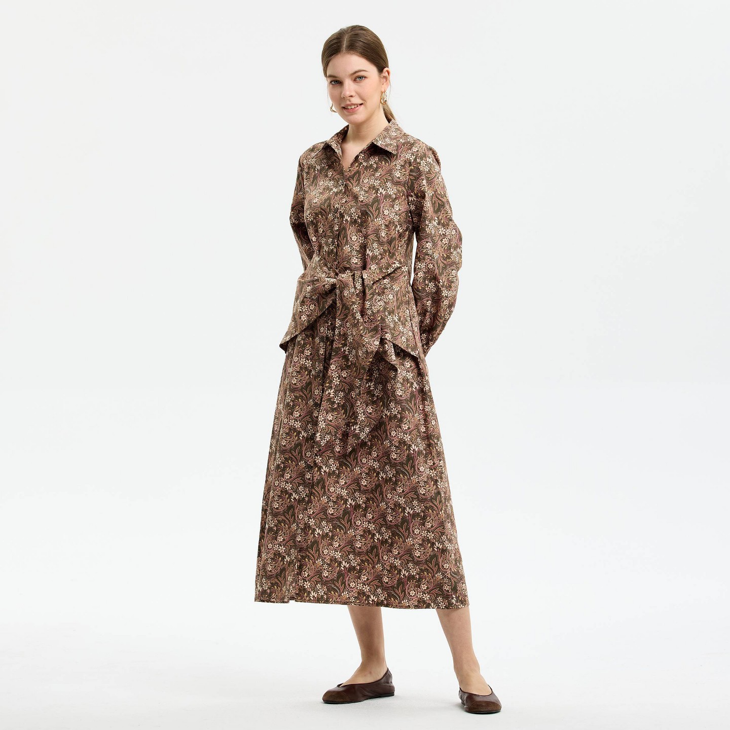 Женское платье Universal Thread Long Sleeve Front Belted Maxi Shirtdress, цвет: Коричневый — фото 1