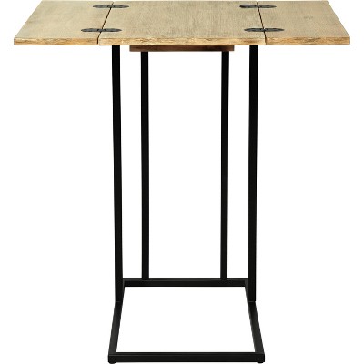 Expandable Natural Wood and Black Metal C-Shaped Side Table