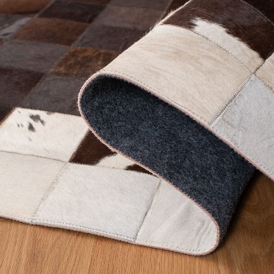 Ivory and Brown Hand-Knotted Geometric Cowhide Rug, 8' x 10'