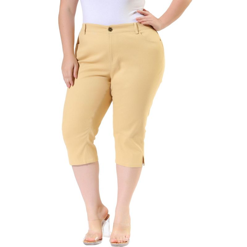 Agnes Orinda Women's Plus Size Zipper Button Slash Pocket Side Slit Elastic Back Capri Pant, 4 of 7