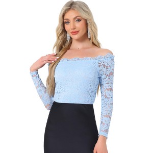 Allegra K Women's Off Shoulder Floral Lace Sheer Long Sleeves Lined Casual Blouse - 1 of 4