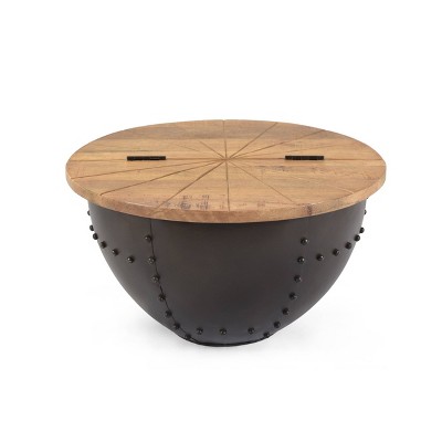 Absecon Handcrafted Boho Mango Wood & Iron Accent Table: Drum Base, No Assembly - Christopher Knight Home