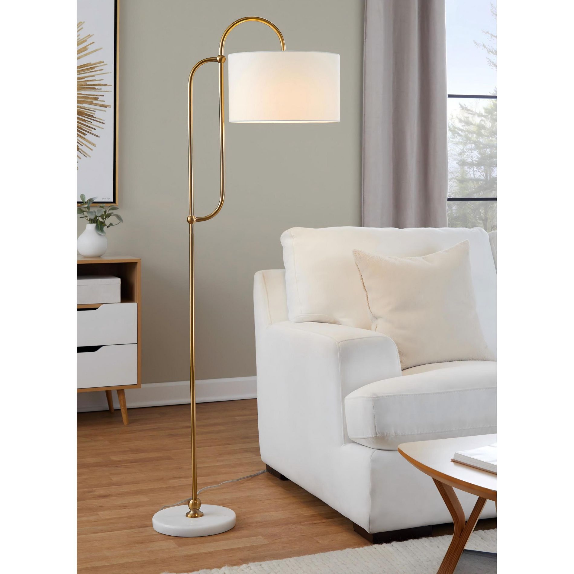 63 inch Art Deco Floor Lamp with White Marble Base and Gold Metal Pole with White Linen Shade for Bedroom