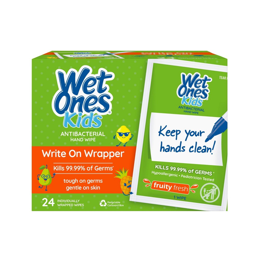 ( case pack of 7) Wet Ones Kids Writable Wrapper Antibacterial Hand Wipe Singles  24 Ct  Fruity Fresh Scent  Tough On Germs Gentle On Skin