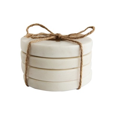 Storied Home Round Marble Coasters with Brass Tree Inlay, White, Set of 4