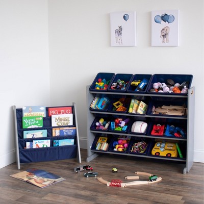 Gray and Navy Kids' Toy Storage Organizer with 16 Bins