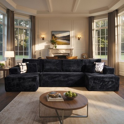 XIZZI U-Shaped Plush Compression Sofa Set w/ Dual Chaises, 28" Deep Seating & 11" Wide Armrest, No Assembly Needed Sectional Sofa in Beige/Black/Gray