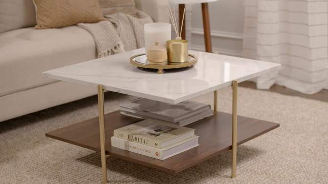 Mid Century Modern Glam Square Coffee Table Faux White Marble/Dark Walnut - Saracina Home, 2 of 8, play video