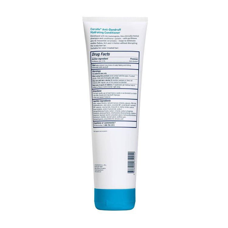 White tube of CeraVe Anti-Dandruff Hydrating Conditioner with blue cap, featuring drug facts and ingredient list on the back.