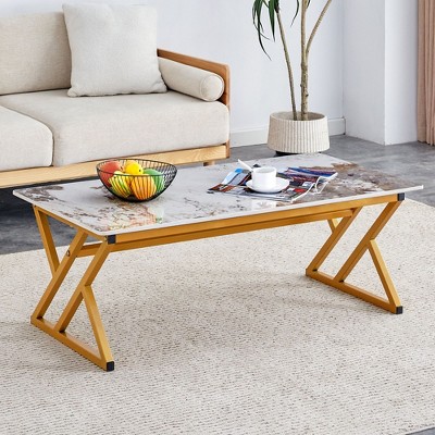 CAVINAS Coffee Table with Slate Top, Rectangular Living Room Furniture, Modern Metal Coffee Table for Living Room, Bedroom